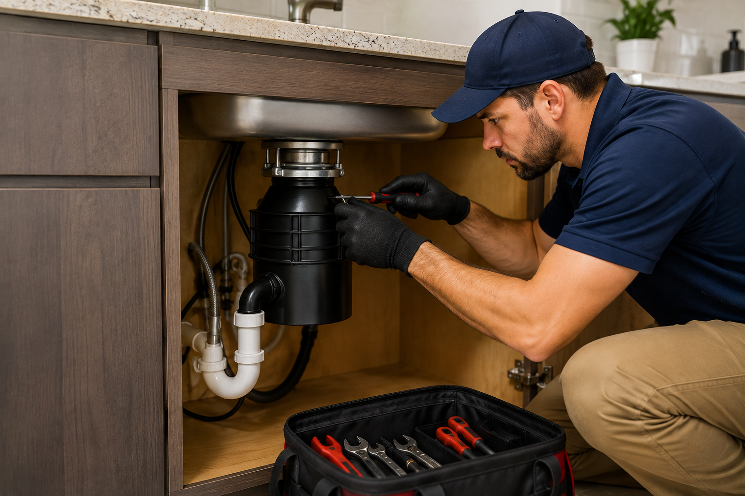Plumber repairing sink pipes in Irving Texas