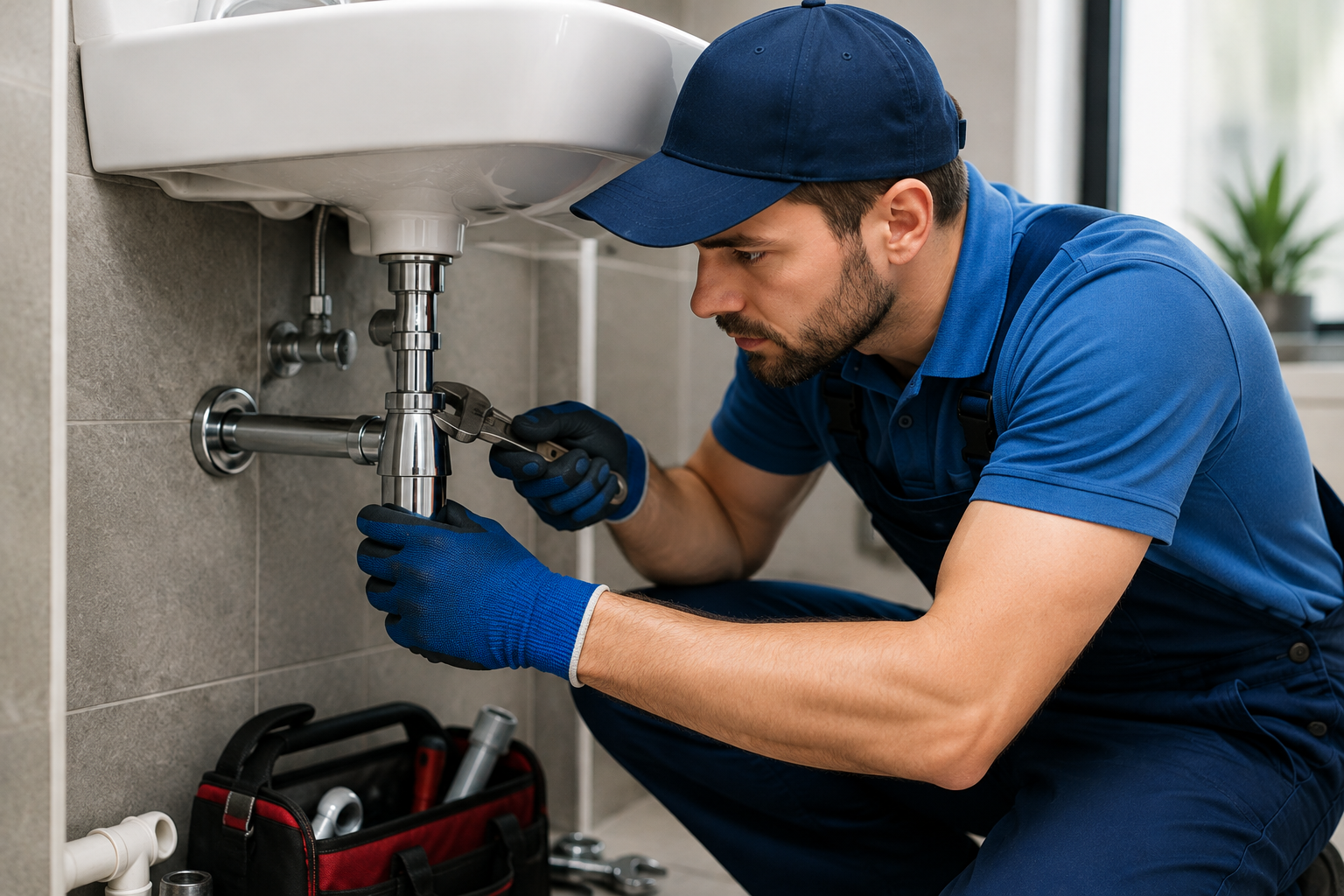 Plumber repairing sink pipes in Irving Texas
